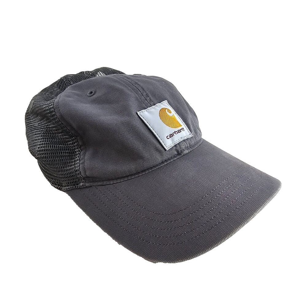 Carhartt Hat Mens Gray Black Mesh Trucker Snapback Workwear Logo Baseball Cap